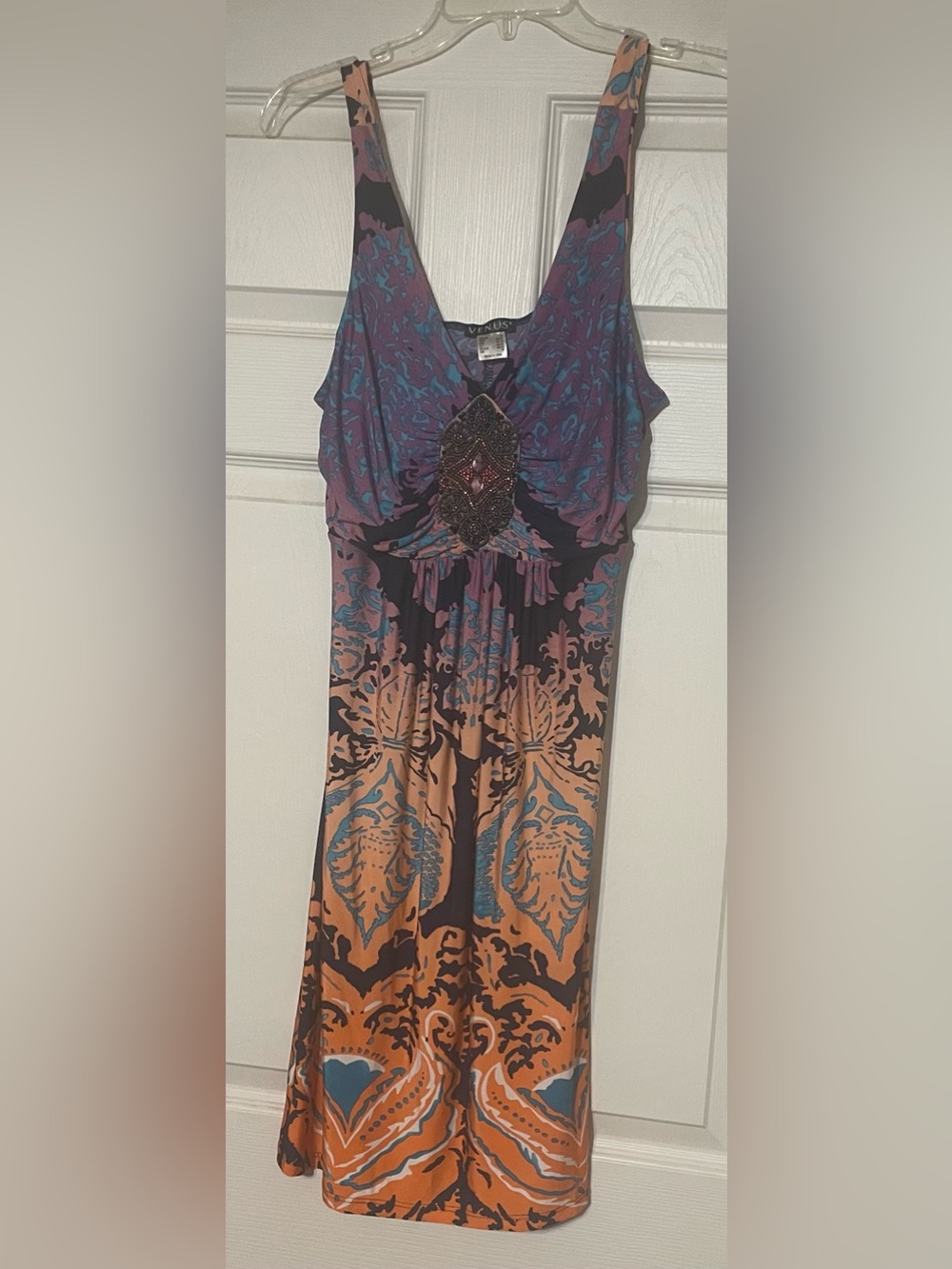 VENUS Purple Blue and Tan Beaded Empire Maxi Dress